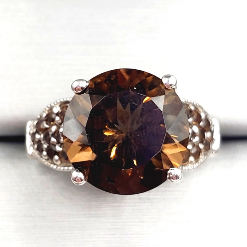 Genuine Round Smoky Quartz 925 Sterling Silver Ring